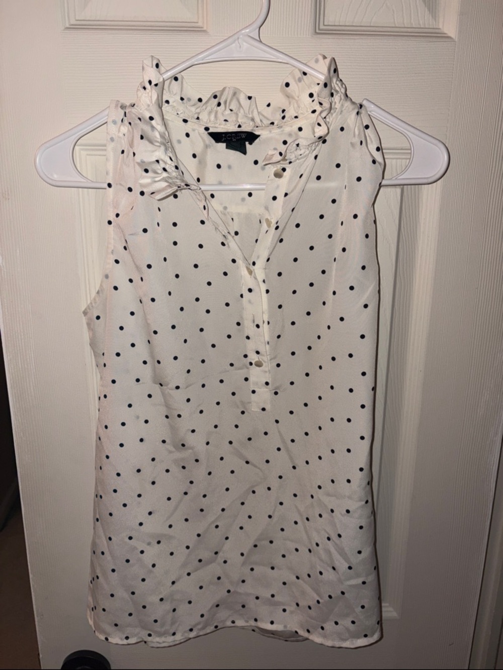 J. Crew White Sleeveless Polka Dot Ruffle Neck Tank